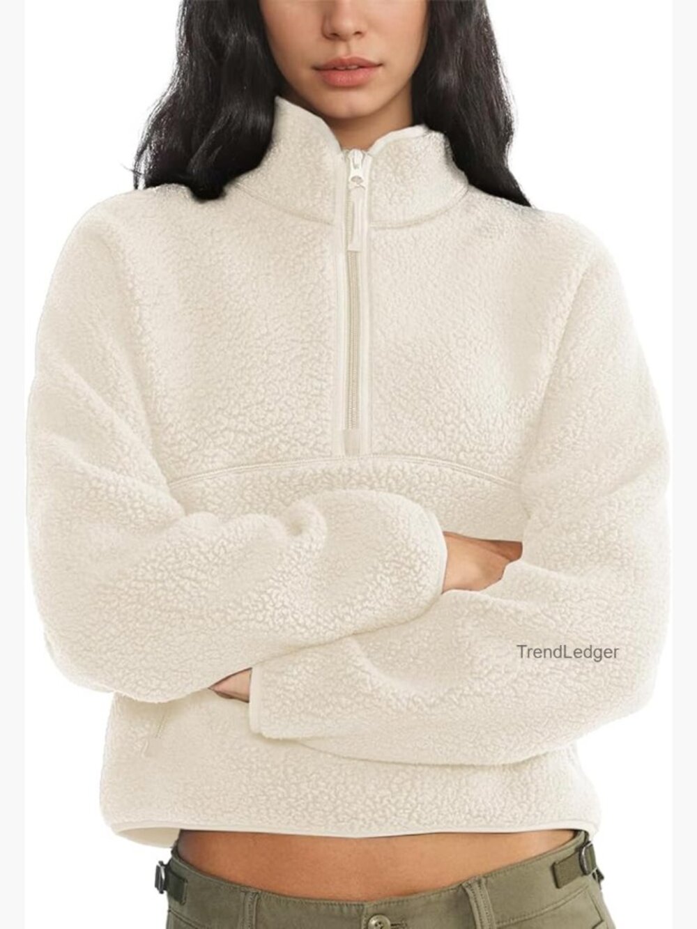 Cropped Half Zip Fuzzy Sherpa Fleece Pullover Jacket with Pockets
